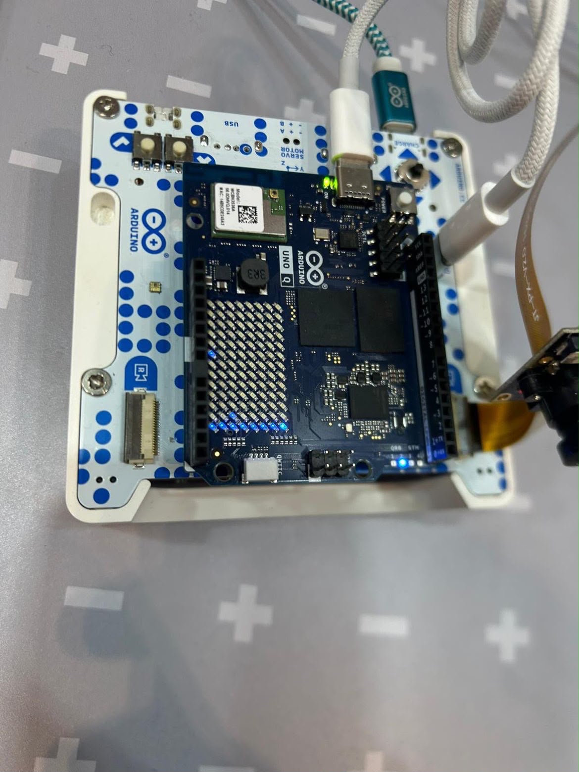 Powered Arduino Uno electronics setup prepared for a technical project